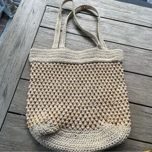 Madewell Handcrafted Beige Crochet Bead Tote Bag